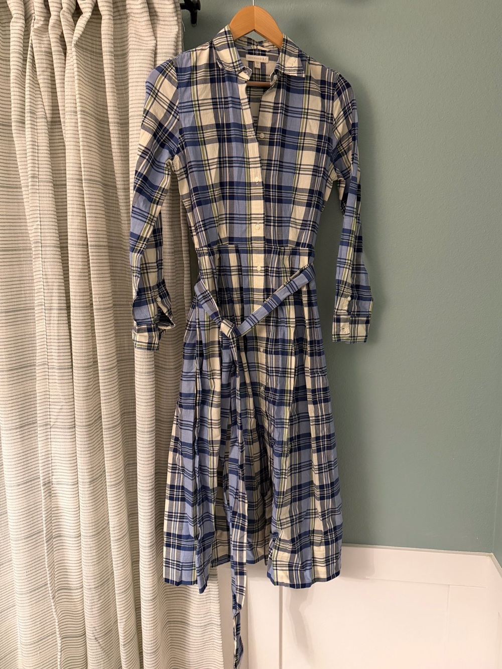 ANN MASHBURN Blue and White multi plaid madras classic shirtdress A-Line small